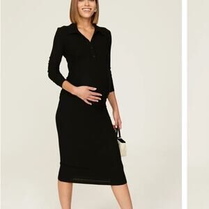 Soon Maternity Black Polo Rib Knit Midi Dress XS Preppy Work Basic Designer $140